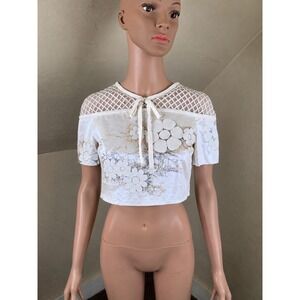 HONOR Designer Floral Crop Top Size 0 Silk Lined Mesh Yoke Bow Ivory